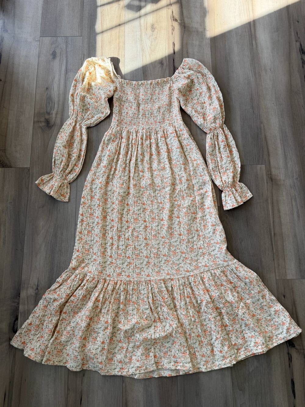Nothing Fits But Smocked Floral Long-Sleeve Maxi Dress in Ivory and Peach